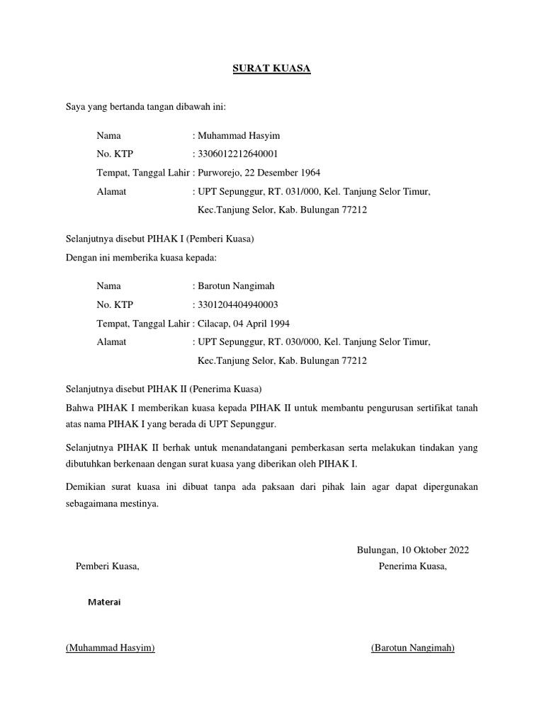 Surat Kuasa Pengurusan Sertifikat Tanah - Muhammad Hasyim | PDF