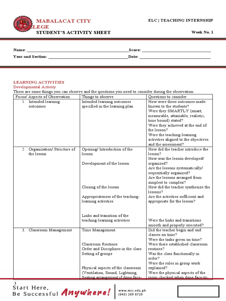 ELC Week 2 Student Activity Sheet | PDF | Teachers | Learning