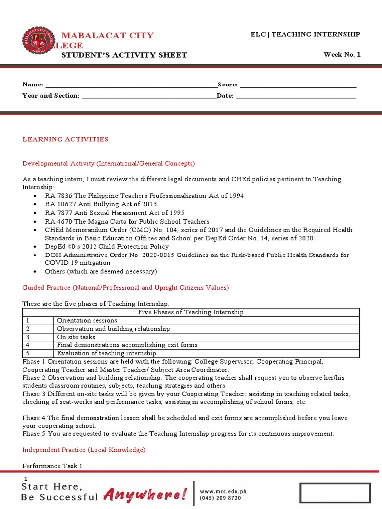 Week 1 Teaching Internship Activities | PDF | Teachers | Learning