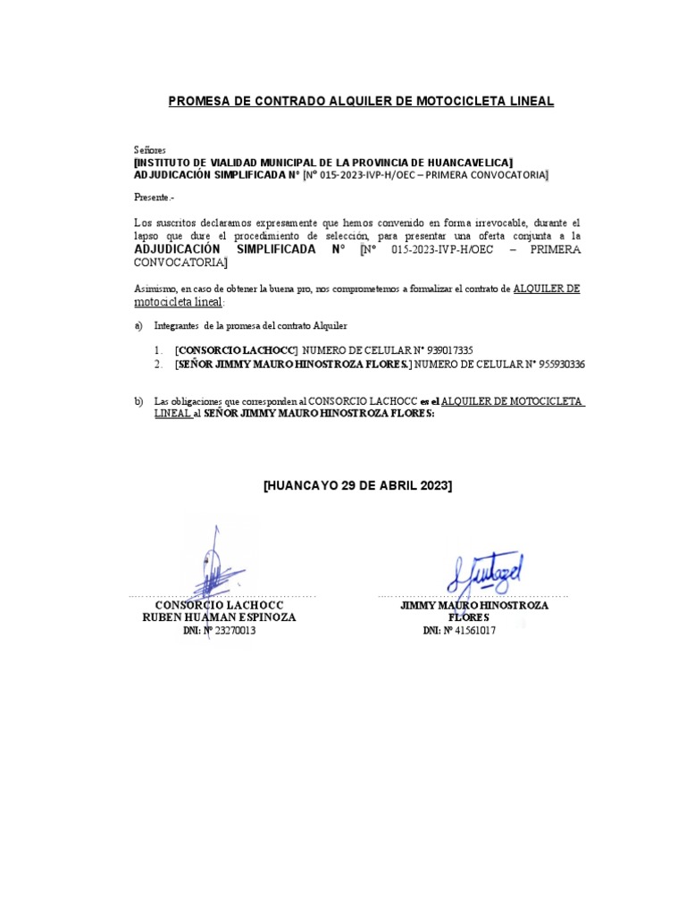 Promesa de Alquiler de Motocicleta | PDF | Negocios | Finanzas y dinero