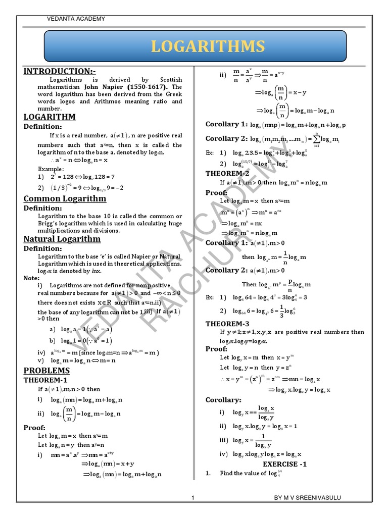 Maths Chapter 4 Logarithms PDF