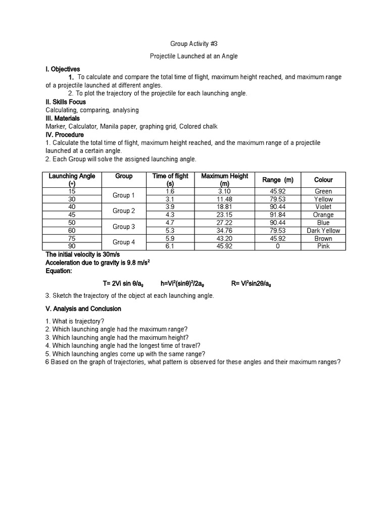 Group Activity Projectile At An Angle PDF Physical Phenomena 