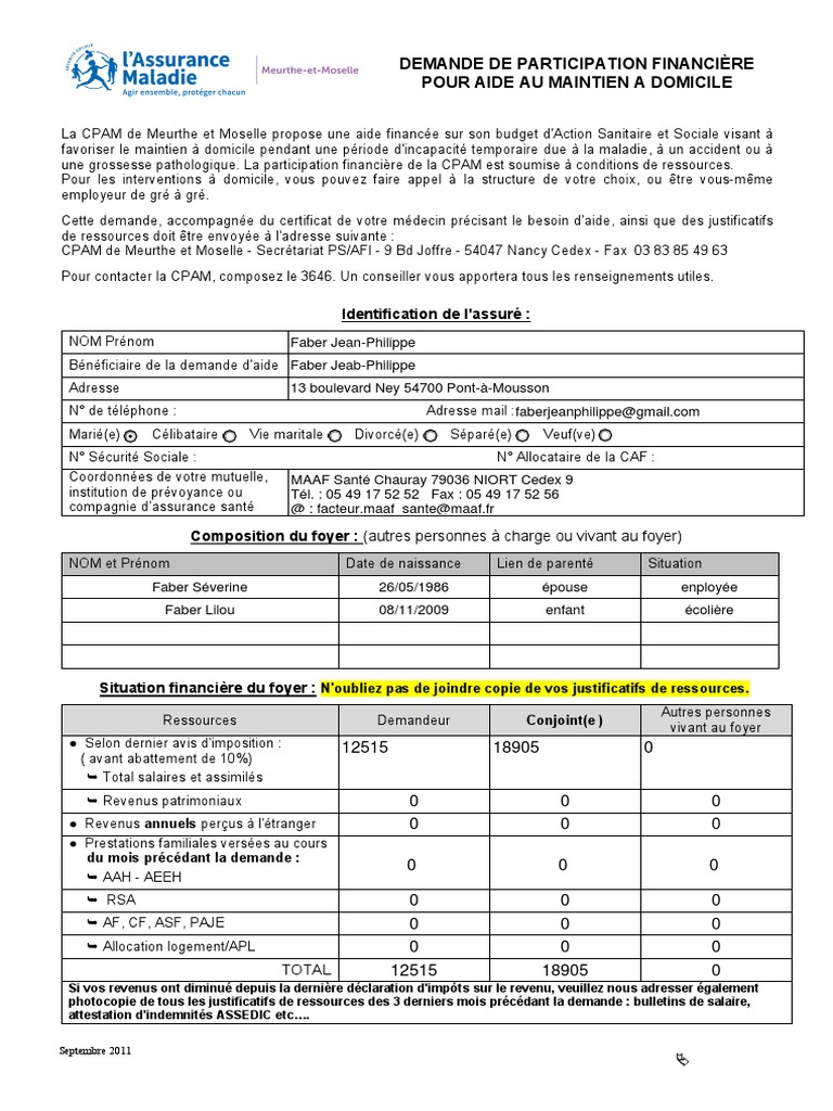Demande d'aide à domicile CPAM 54 | PDF