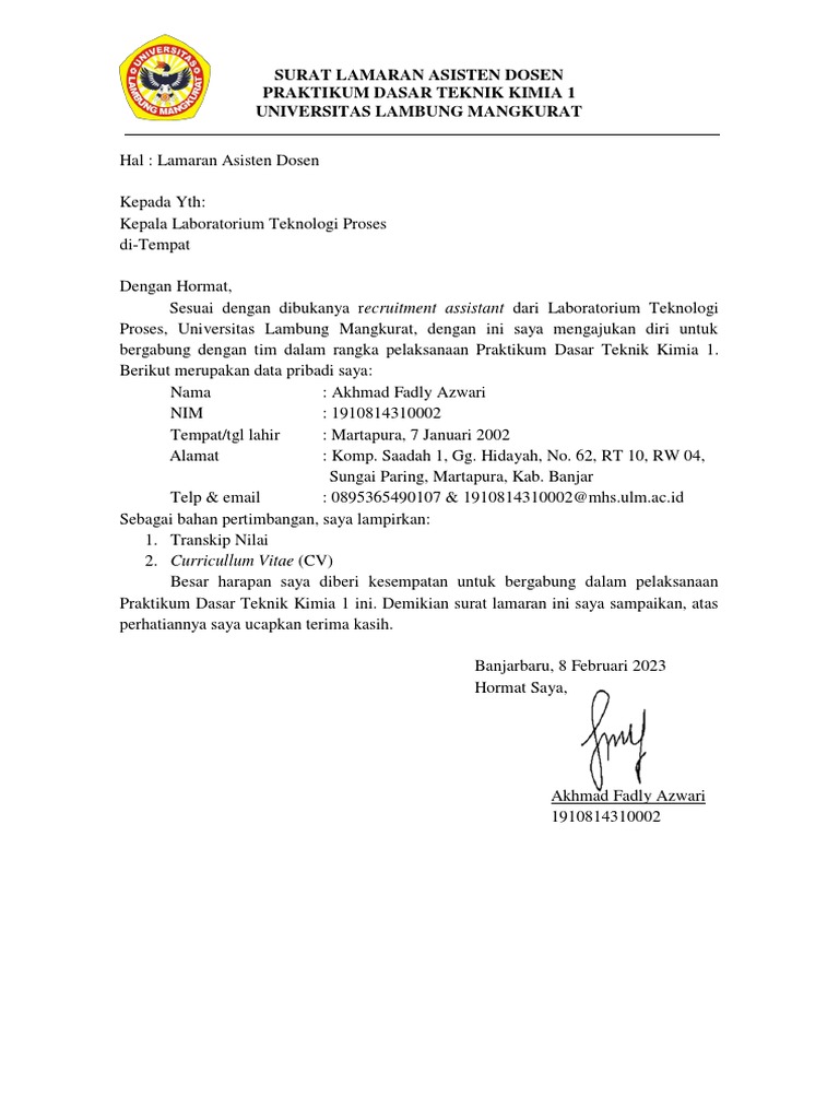Lamaran Asisten Praktikum PDTK 1 - Akhmad Fadly Azwari | PDF