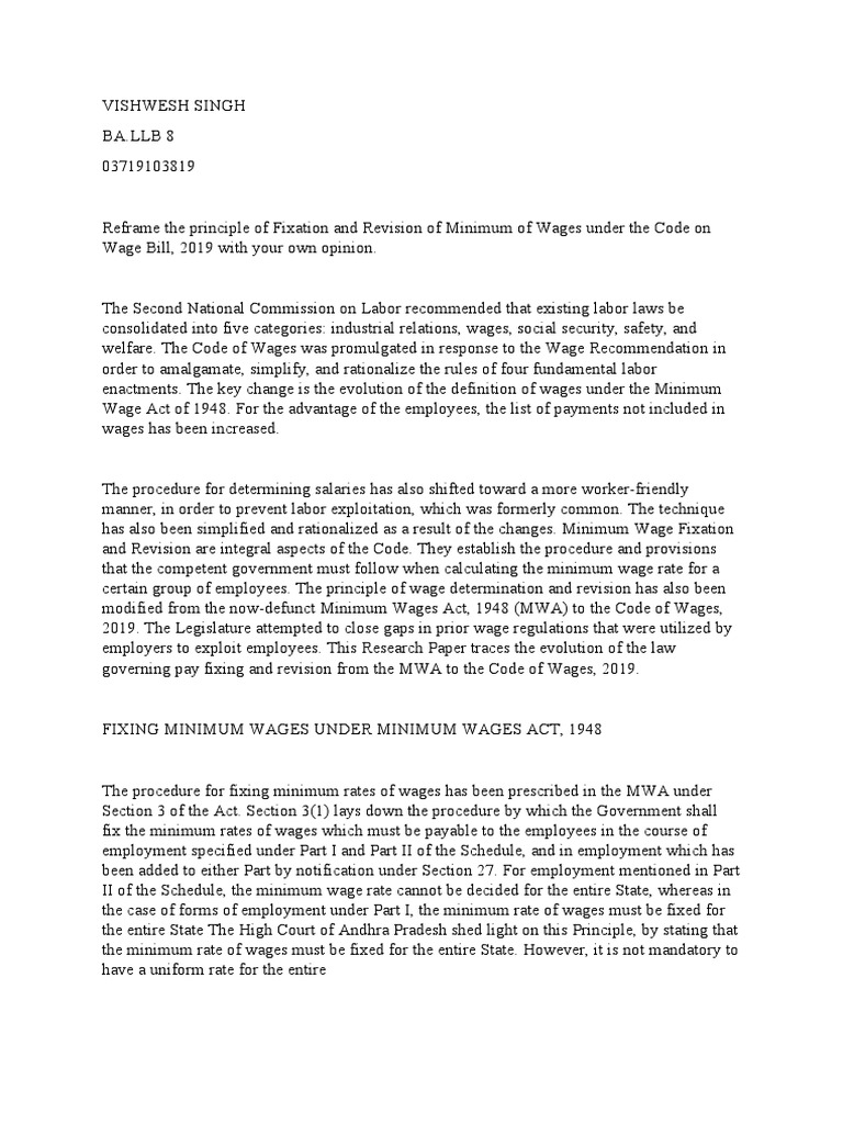 Principle of Fixation and Revision of Minimum Wage PDF Employment