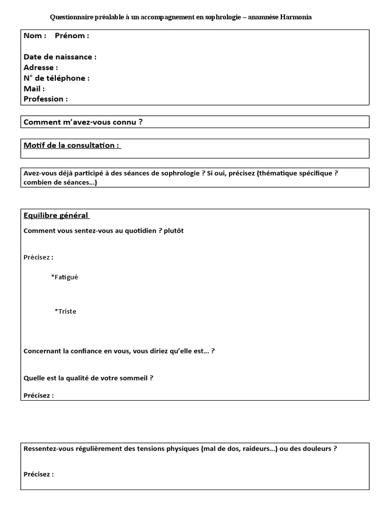 Questionnaire Danamnèse En Sophrologie Pdf 
