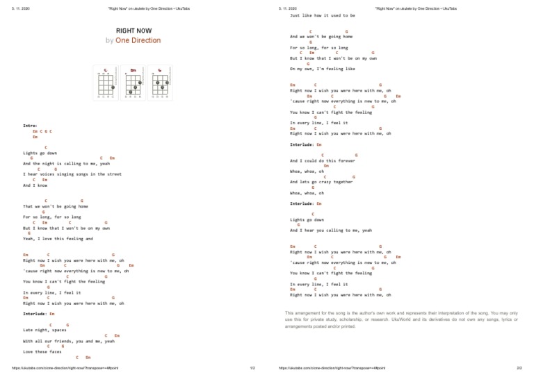 Right Now On Ukulele by One Direction UkuTabs PDF