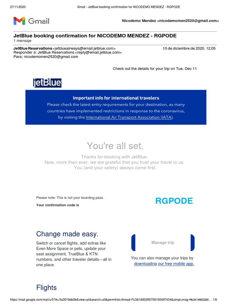 Gmail - JetBlue booking confirmation for NICODEMO MENDEZ - RGPODE | PDF ...