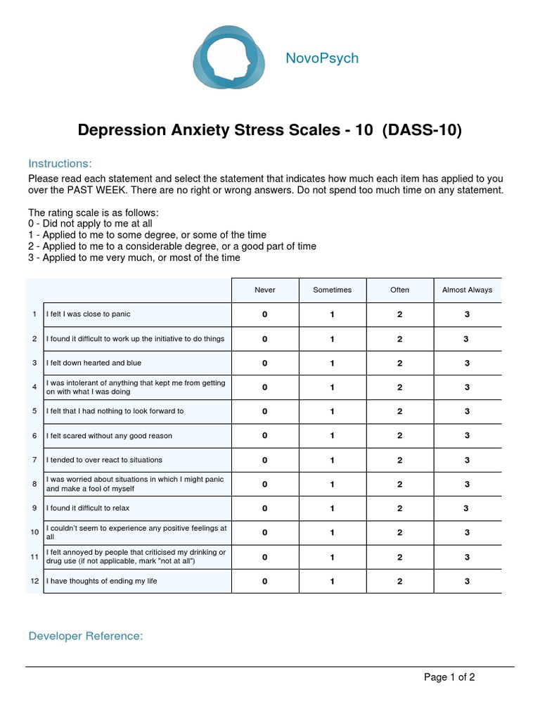 Depression Anxiety Stress Ten Item DASS 10 PDF Anxiety Major Depressive Disorder
