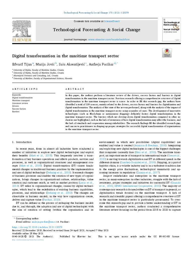 Digital Transformation In The Maritime Transport Sector Pdf