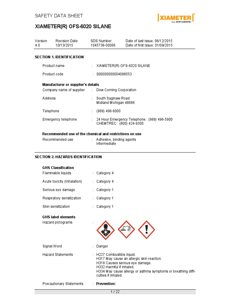 Ofs-6020 SDS Silane Composition Chemical | PDF