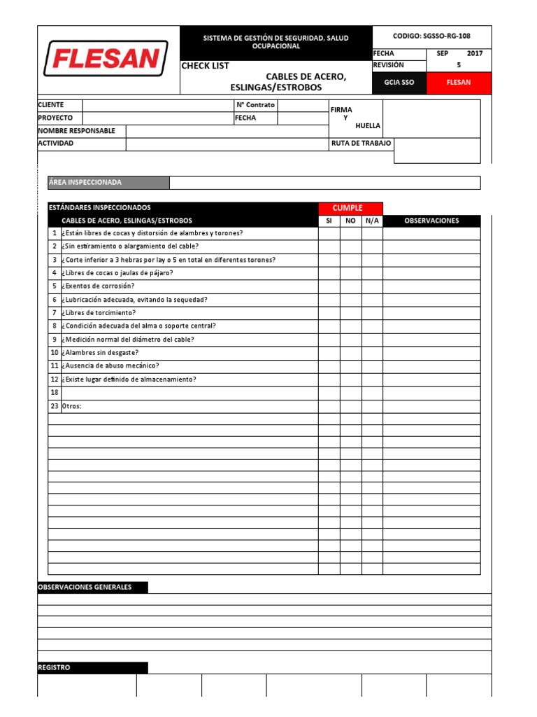 Fl-sgsso-rg-108-Check List Cables de Acero Eslingas Estrobos | PDF