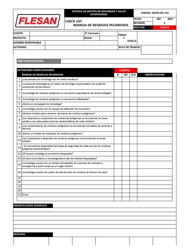 Fl-sgsso-rg-113-Check List Bodega de Residuos Peligrosos | PDF | Residuos