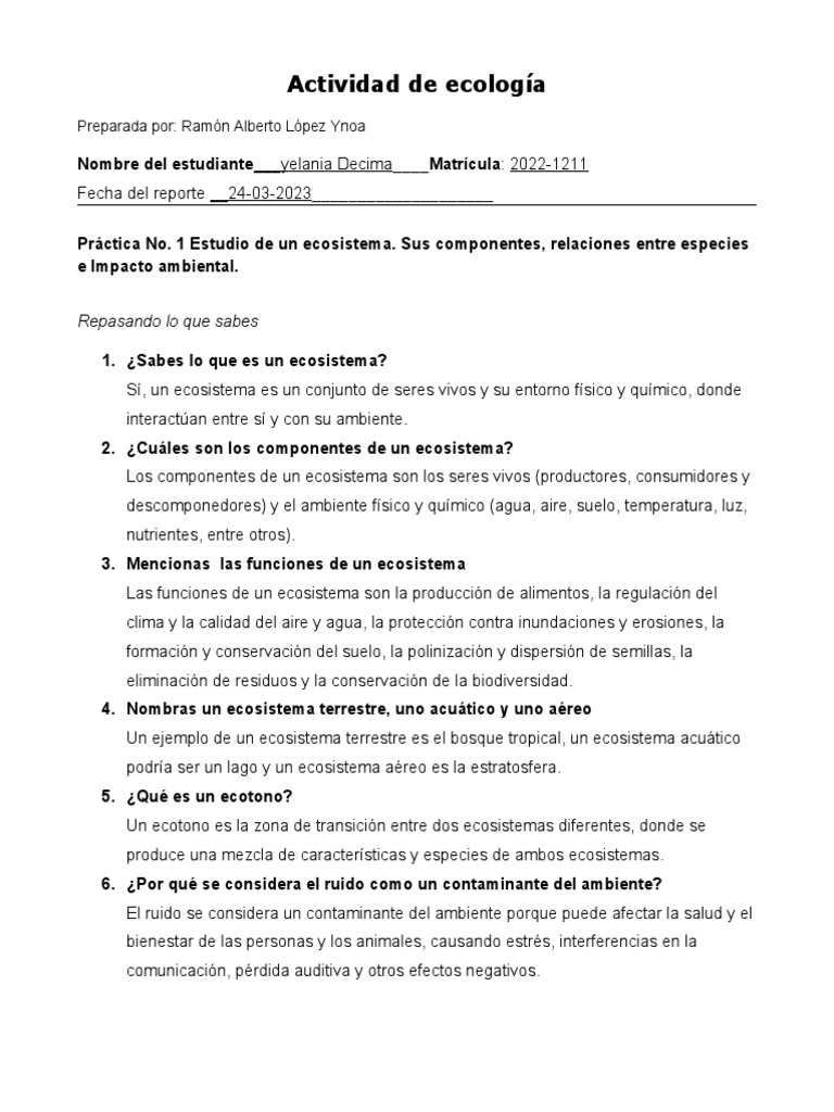 Prácticas de Ecología No.1 | PDF | Ecosistema | Ecología