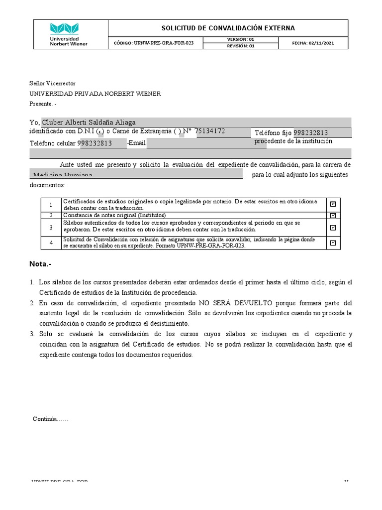 Solicitud de Convalidación Externa UPNW | PDF