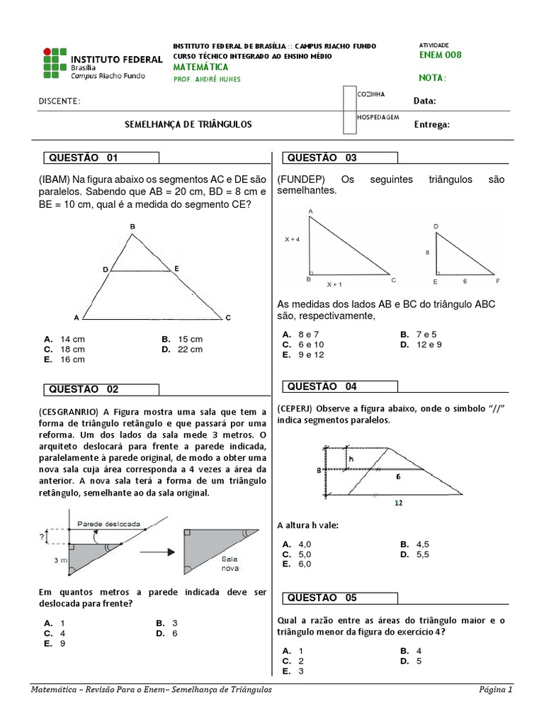 Exercícios sobre Semelhança de Triângulos | PDF | Triângulo | Geometria ...