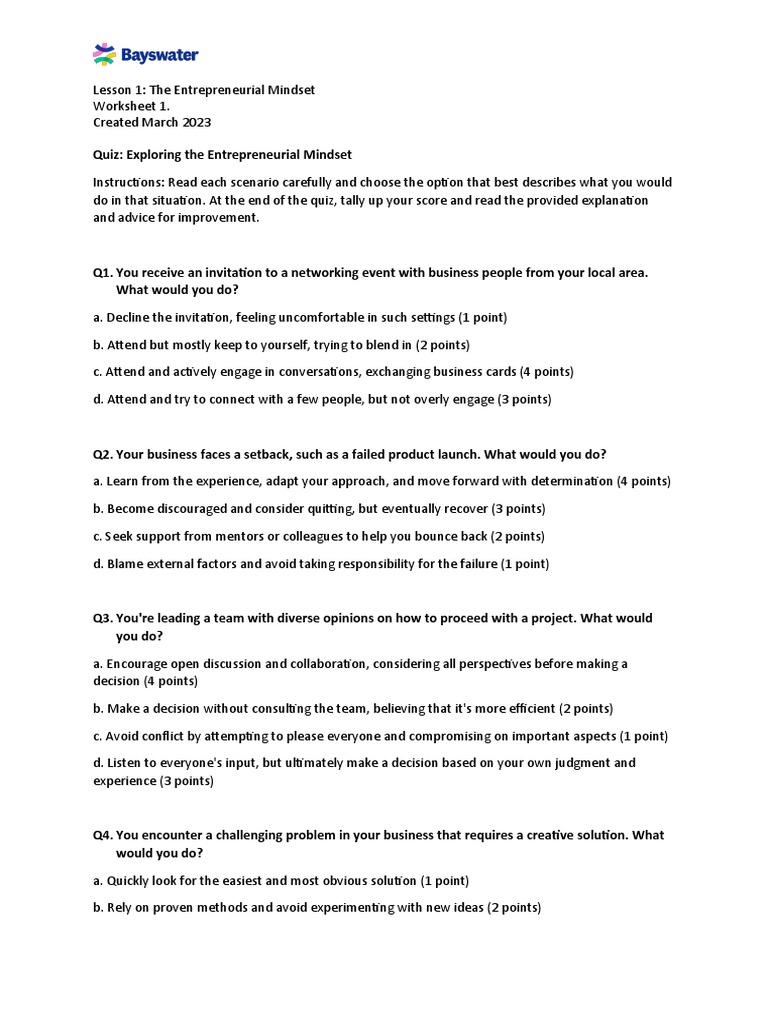 GL Lesson 1, Entrepreneurial Mindset, Handout 1, Quiz | PDF ...