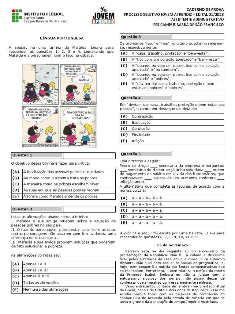 Prova Jovem Aprendiz IFES 2023: Língua Portuguesa | PDF | Economia ...