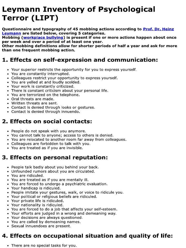 Leymann Inventory of Psychological Terror (LIPT) | PDF