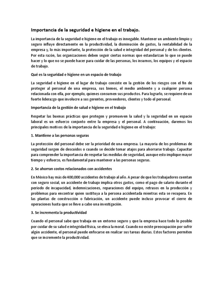 Importancia de La Seguridad e Higiene en El Trabajo | PDF | Higiene ...