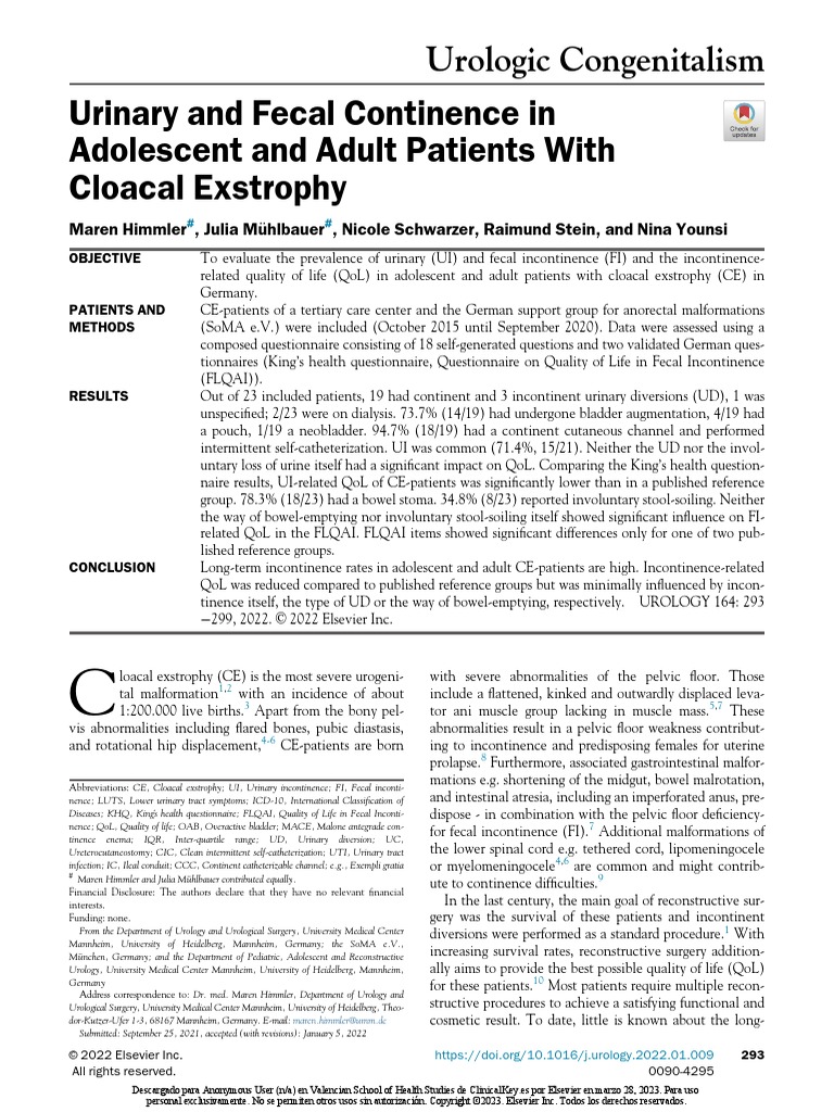 Urinary and Fecal Continence in Adolescent and Adult Patients With ...