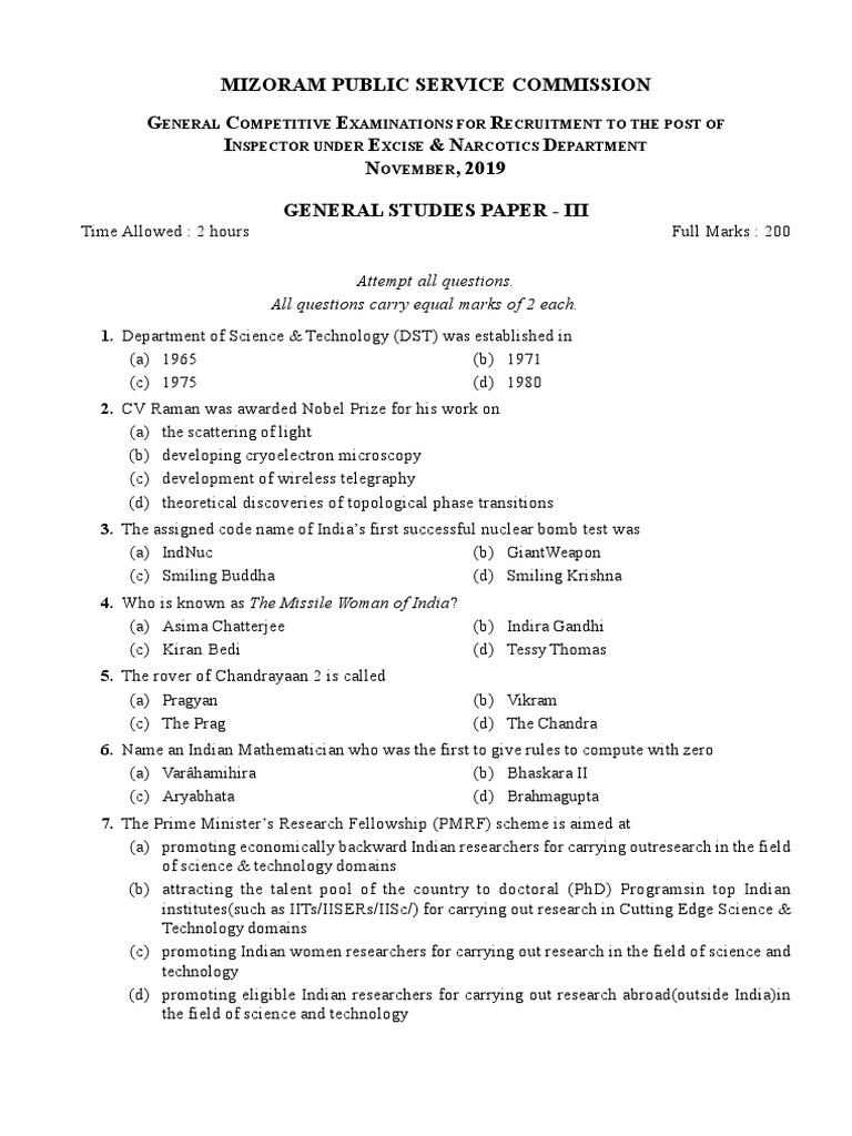 Inspector Exam Paper - Excise Department | PDF