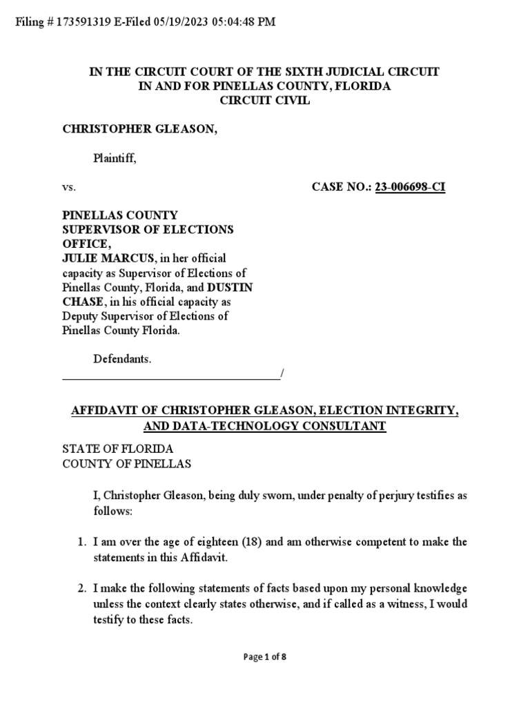 Gleason Affadavit W Exhibits Gleason Vs Pinellas County Supervisor of