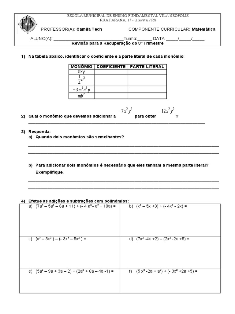 Atividades sobre Monômios e Polinômios | PDF | Álgebra abstrata | Álgebra