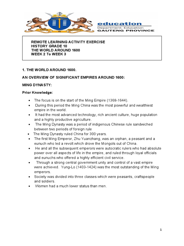 Ming Dynasty Overview for Grade 10 History | PDF | Second Boer War ...