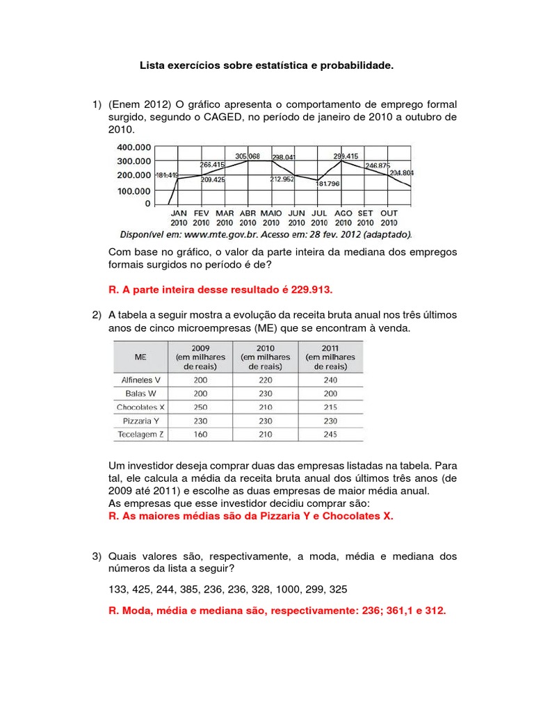 Lista 3 - Exercícios Sobre Estatística | PDF | Média | Mediana ...