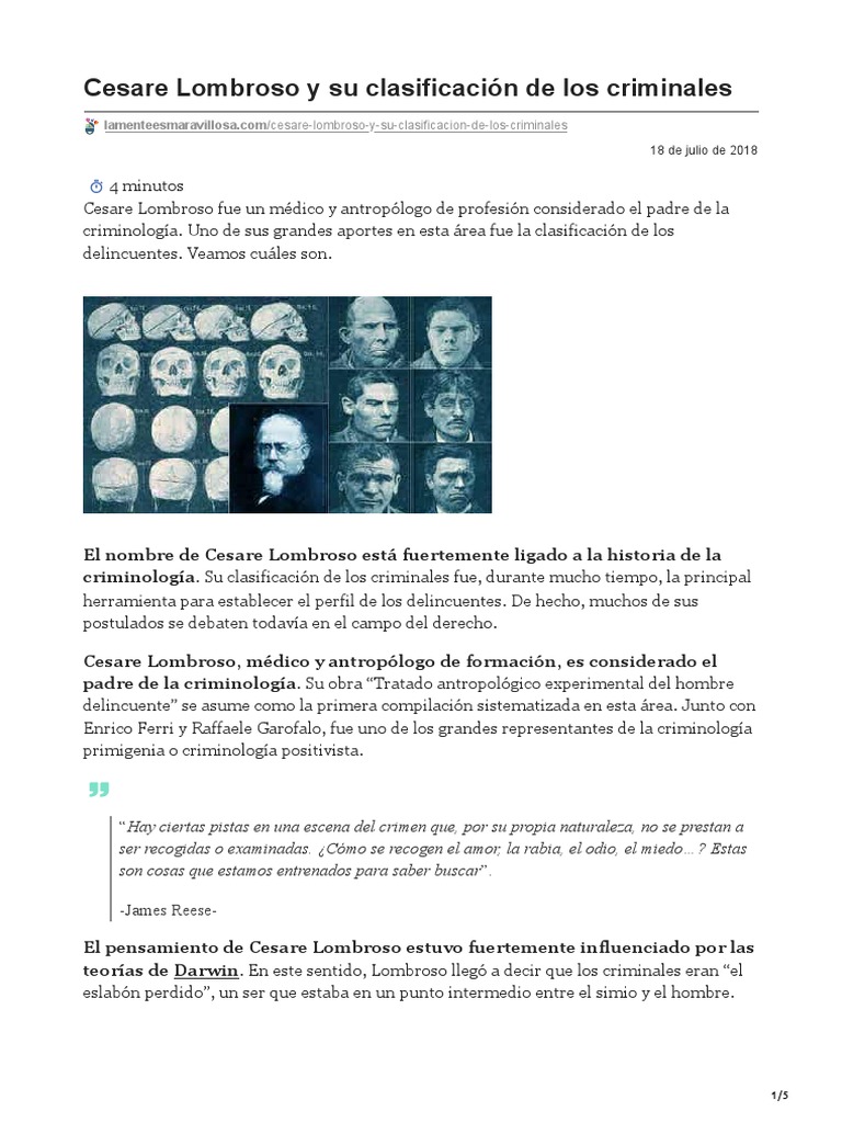 Lectura Cesare Lombroso y Su Clasificación de Los Criminales. PDF Criminología Sicología