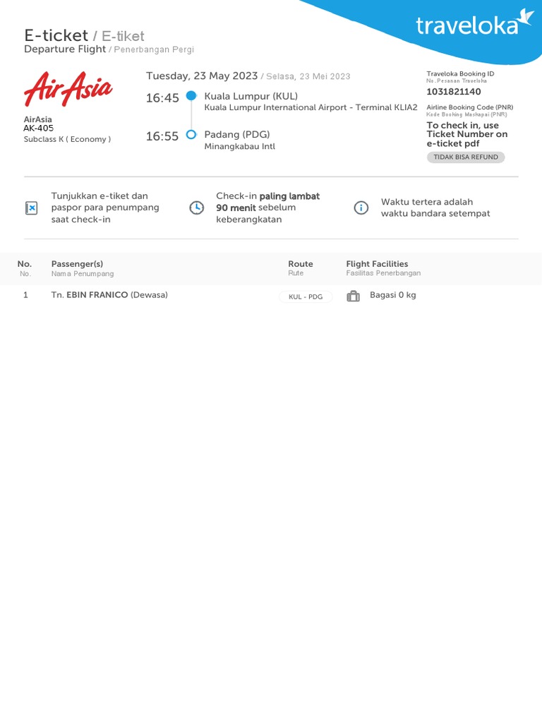 Ebin Franico KUL To Check In Use Ticket Number On E Ticket Pdf PDG