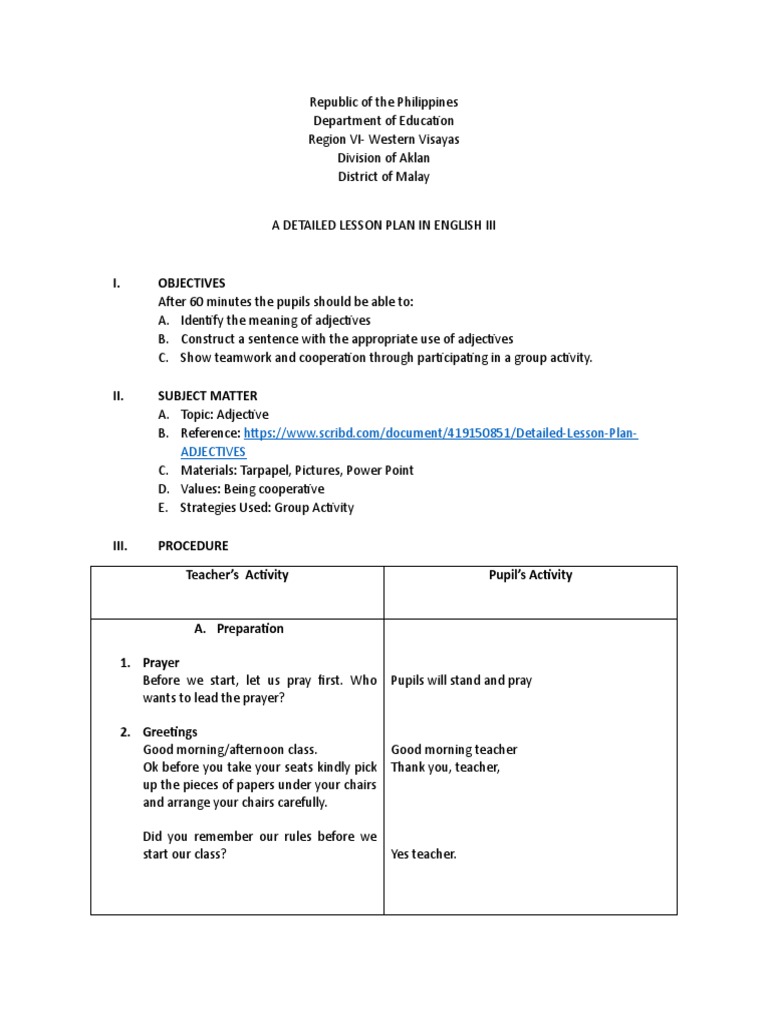 Lesson Plan On Adjectives | PDF | Teachers | Prayer
