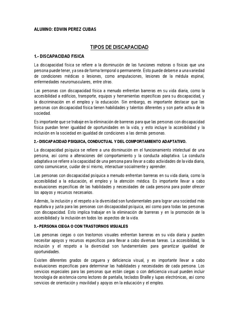 Tipos de Discapacidad | PDF | Invalidez | Discapacidad intelectual