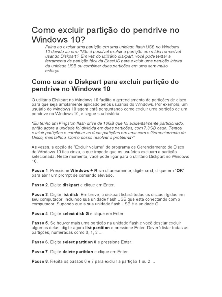 Como Excluir Partição Do Pendrive No Windows 10 | PDF | Microsoft ...