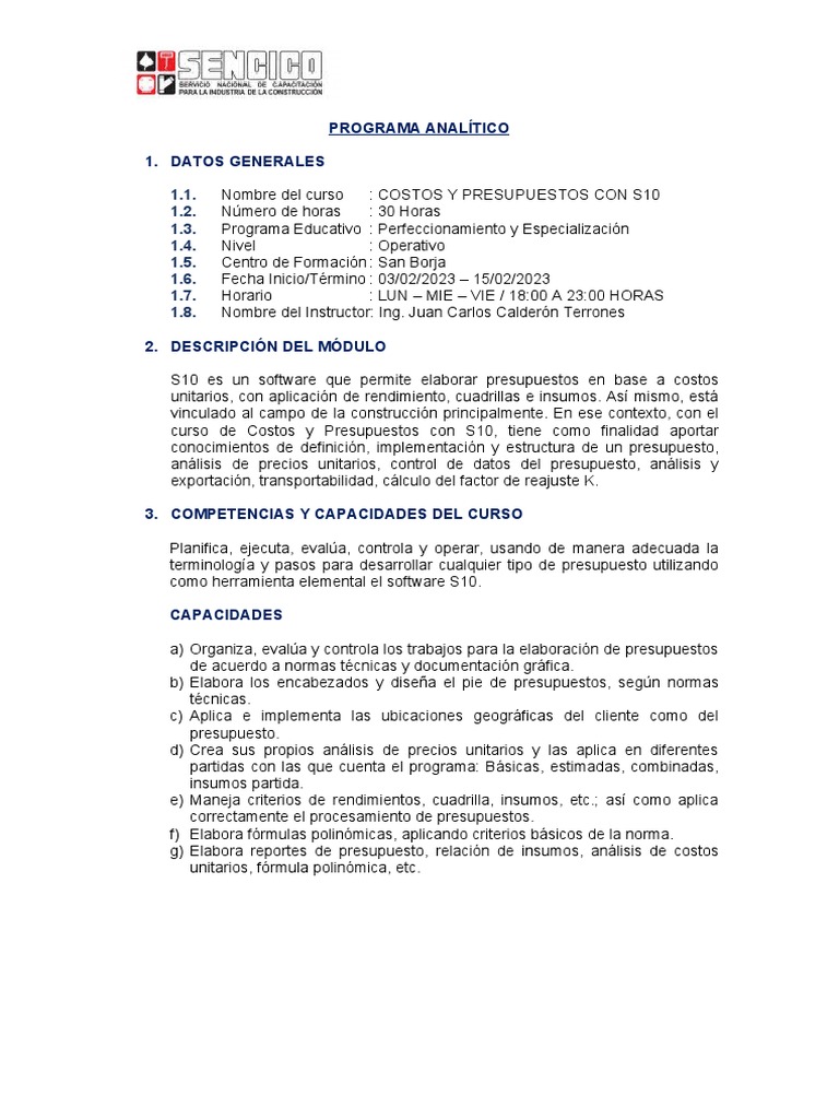 Programa Analítico - Costos y Presupuesto Con s10 (Ok) | PDF ...