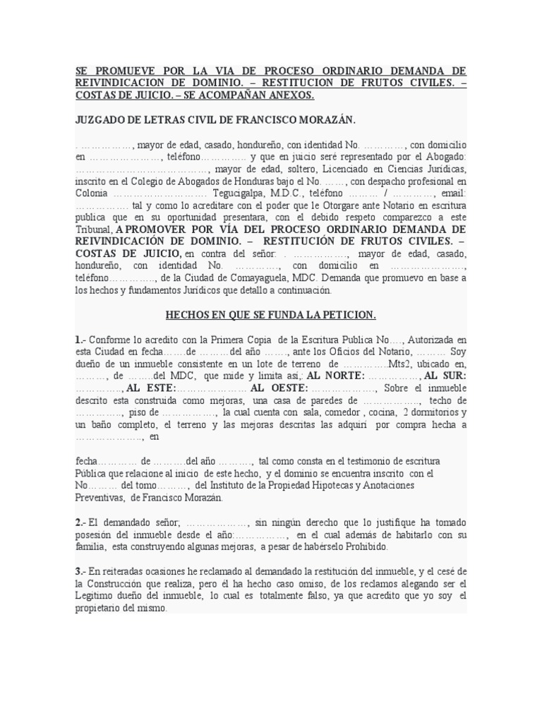 Se promueve por la via de proceso ordinario demanda de reivindicacion