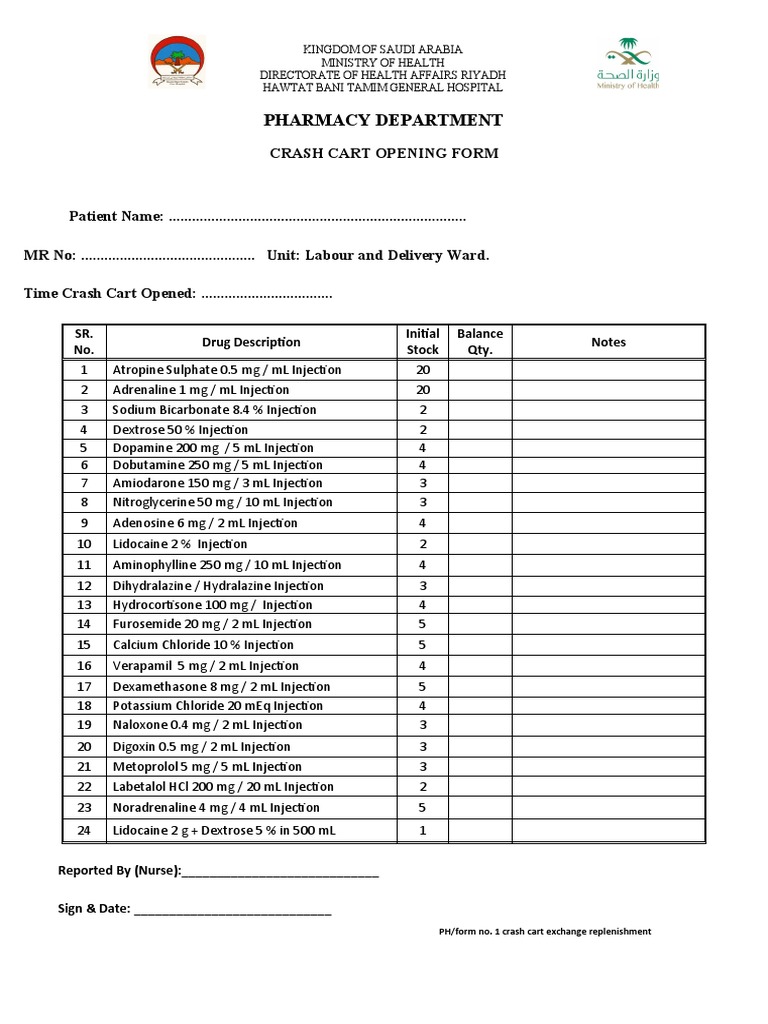 Crash Cart Medication Inventory Form | PDF | Pharmacology | Clinical ...