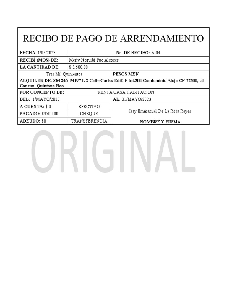 Ejemplo Recibo de Renta PDF