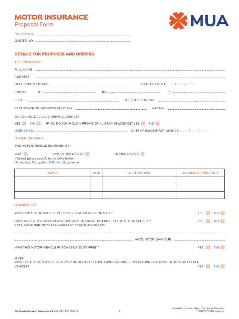 Motor Proposal Form EDITABLE V2 PDF Vehicle Insurance Insurance