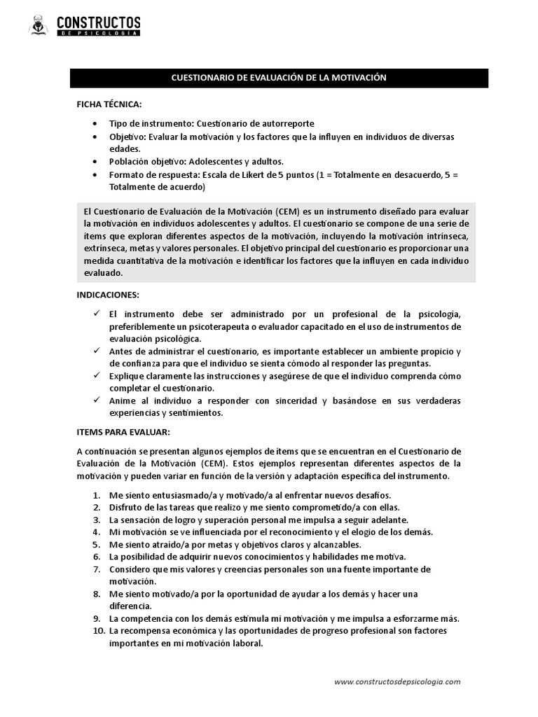 Cuestionario de Evaluación de la Motivación | PDF | Motivacional ...