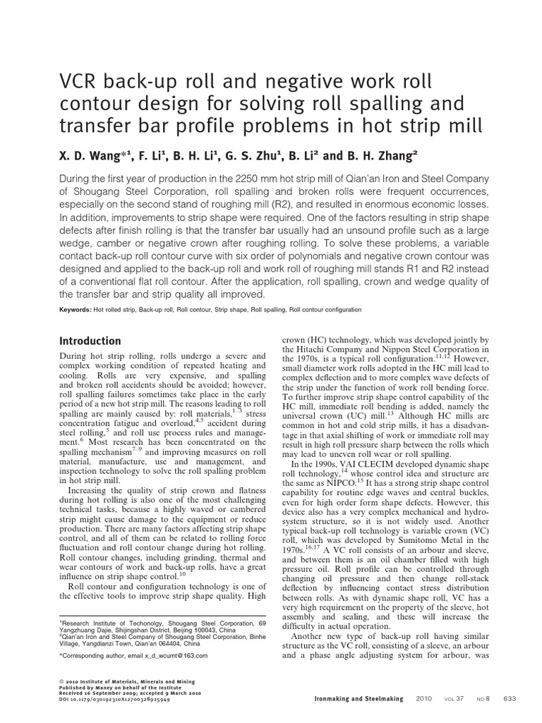 VCR Backup Roll and Negative Work Roll Contour Design For Solving Roll