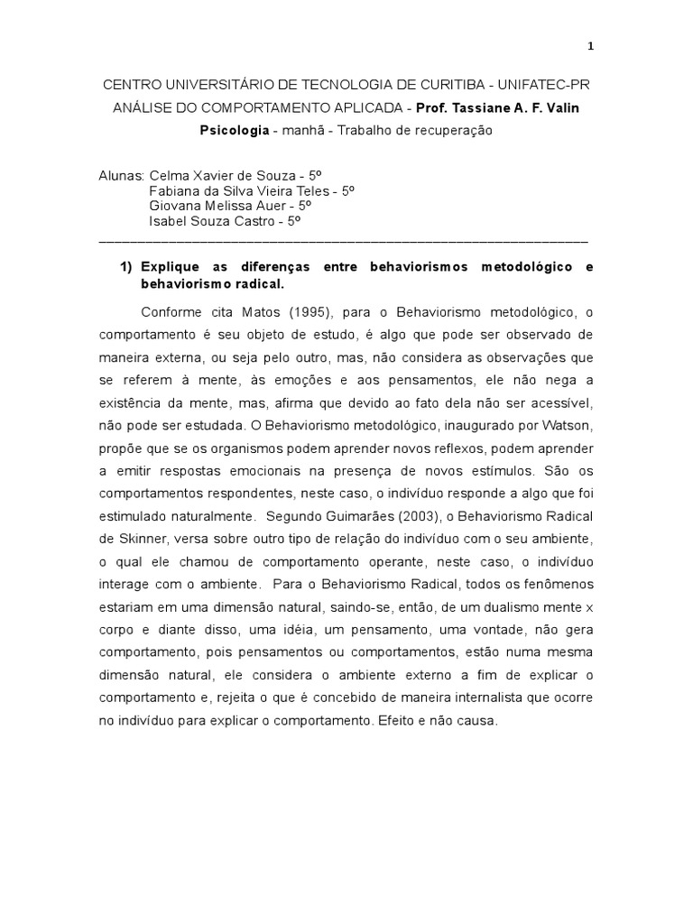 Diferenças entre Behaviorismos e Condicionamento | PDF | Behaviorismo ...