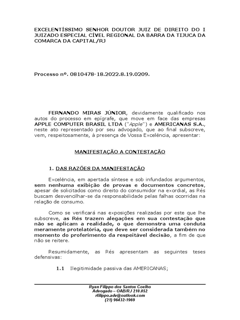 Manifestação A Contestação | PDF | Sentença (jurídico) | Advogado