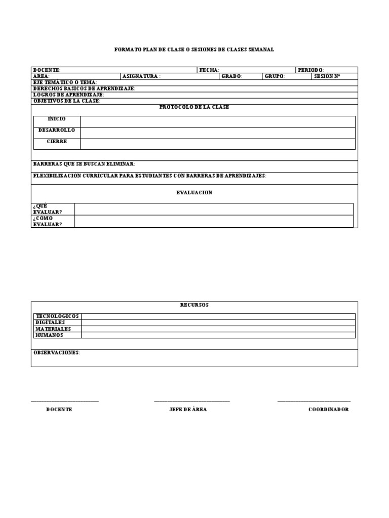 Formato Plan de Clase o Sesiones de Clases Semanal | PDF