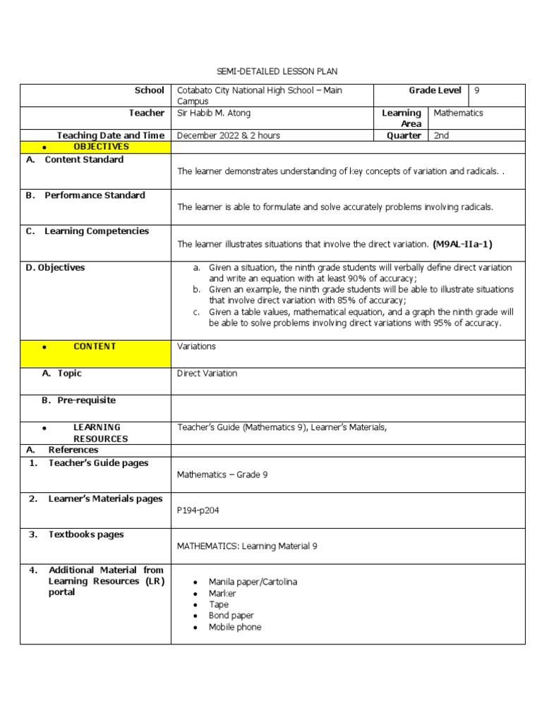 Grade 9 Direct Variation Lesson Plan | PDF | Learning | Mathematics