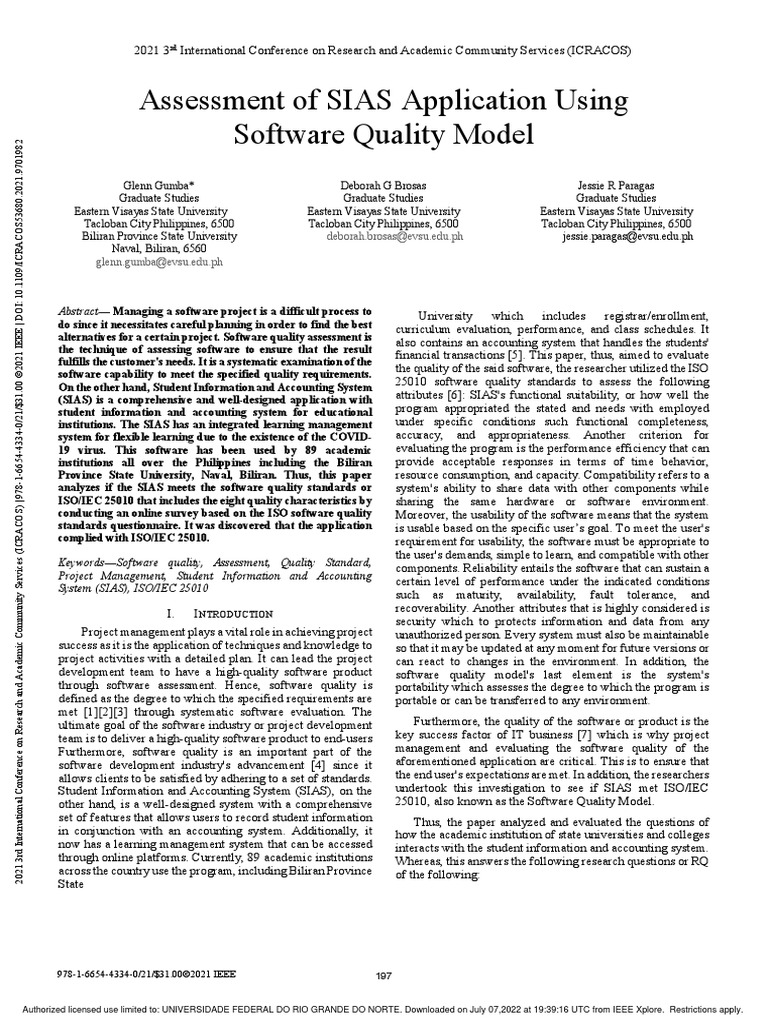 SIAS Quality Assessment via ISO/IEC 25010 | PDF | Software Quality ...
