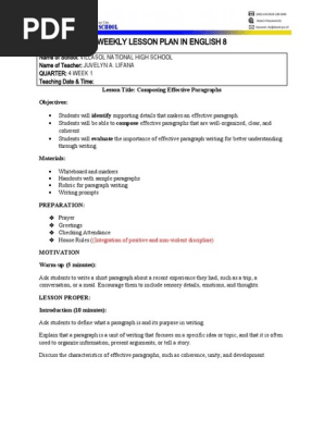 QUARTER 4 WEEKLY LESSON PLAN ENGLISH 8