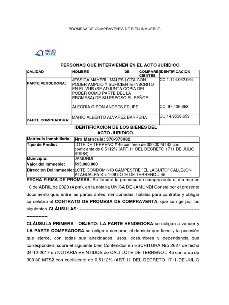 Promesa de Compraventa Inmueble Jamundí | PDF | Ley común | Justicia