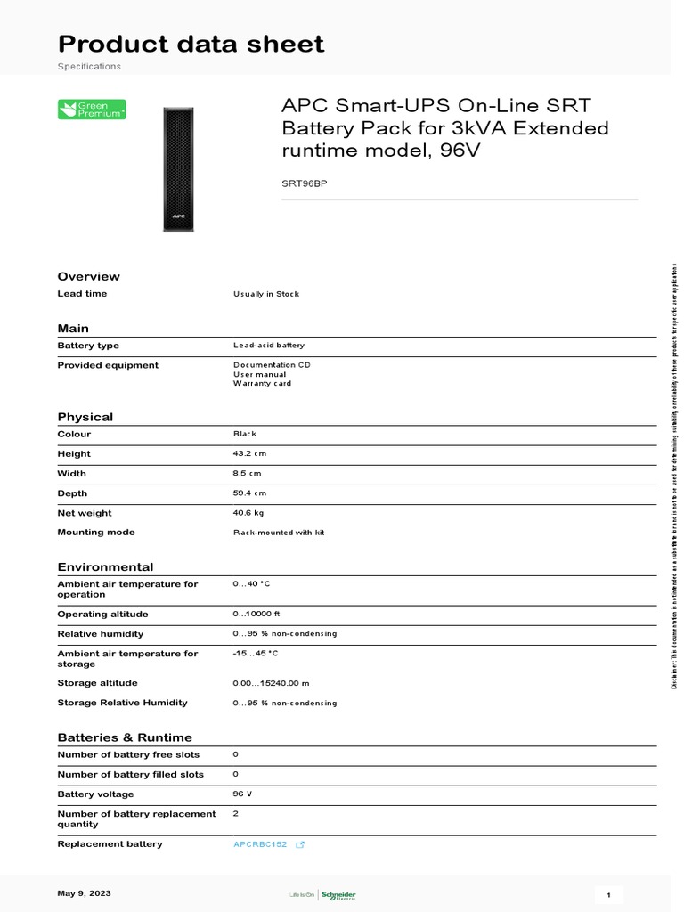 SmartUPS Battery Systems_SRT96BP PDF Physical Sciences